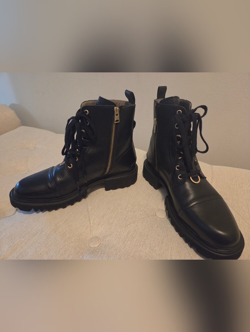Allsaints Women's Black Leather Combat Boots with Gold Zipper.Like New .